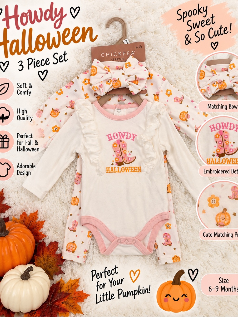 chick pea Cream & Pink "Howdy Halloween" 3-Piece Baby Costume Set
